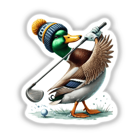 Golfing in Winter Mallard Duck: A cartoon duck in a knit hat holding a golf club, available as unique vinyl stickers or digital artwork from Decal Venue.