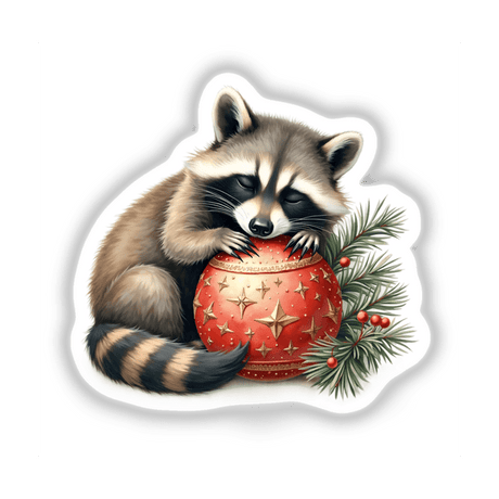 Raccoon Sleeping on Christmas Ornament: A raccoon gently cradles a red and gold ornament, available as a sticker or digital artwork. Perfect for adding a whimsical touch to your decor.