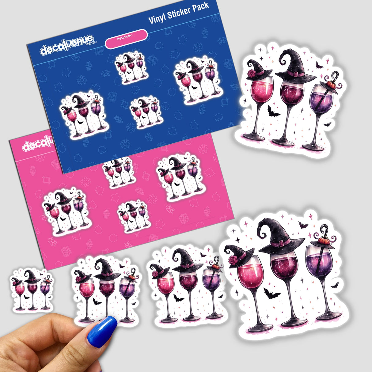 Halloween Witchy Wine Glasses II stickers featuring cartoon-style wine glasses with whimsical hats, perfect for adding a festive touch to your decor. Available as stickers or digital artwork.