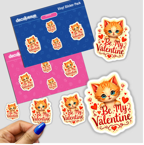 Be My Valentine Valentine's Day Kitten stickers feature playful cartoon cats with hearts and text, perfect for adding charm to any surface. Available as stickers or digital artwork.