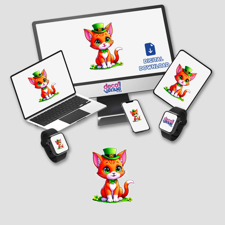 St. Patrick's Day Kitten stickers or digital art featuring cartoon cats on a computer monitor and laptop screen, perfect for adding a playful touch to your devices.