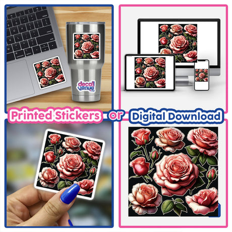 Beautiful Lush Roses stickers collage, featuring diverse floral designs, including a sticker with pink roses and another on a laptop, highlighting Decal Venue's unique vinyl sticker collection.