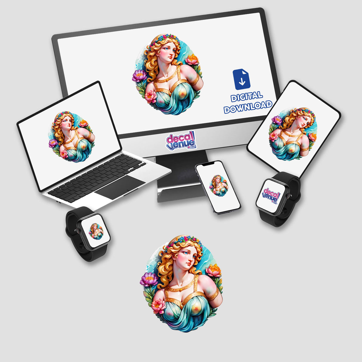 Sticker Design of Marble Statue of Aphrodite displayed on a computer monitor and laptop, featuring a timeless Greek art aesthetic with a woman and flowers in her hair.