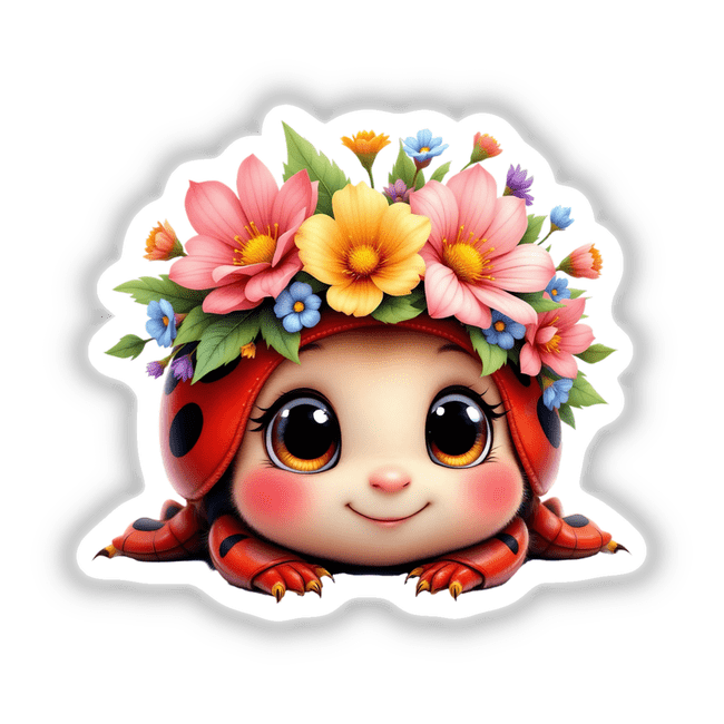 Adorable Ladybug with a Spring Flower Crown depicted in cartoon style, available as stickers or digital artwork from Decal Venue, highlighting its unique character with floral accents.