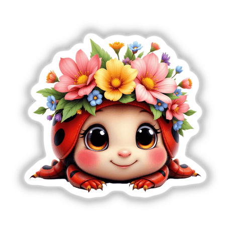 Adorable Ladybug with a Spring Flower Crown depicted in cartoon style, available as stickers or digital artwork from Decal Venue, highlighting its unique character with floral accents.