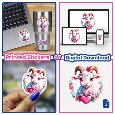 Cute Valentine's Day goat sticker or digital artwork featuring a goat with a bow and big pink eyes holding a sparkly heart, available from Decal Venue.