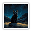 Black Cat On A Starry Night sticker featuring a black cat sitting on a rock, embodying a serene outdoor setting. Perfect for adding a touch of whimsy to any surface.