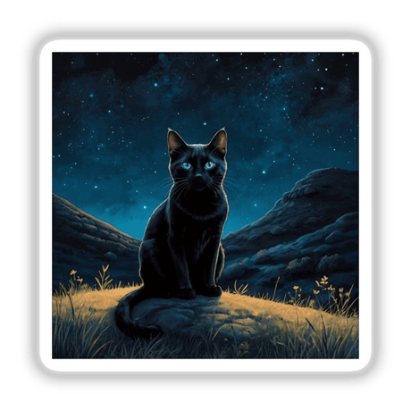 Black Cat On A Starry Night sticker featuring a black cat sitting on a rock, embodying a serene outdoor setting. Perfect for adding a touch of whimsy to any surface.