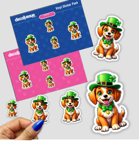 St. Patrick's Day Puppy stickers featuring cartoon dogs in green hats, available as stickers or digital artwork, capturing a festive and playful theme.