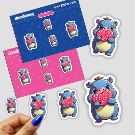 Sticker pack featuring A Cute Pygmy Hippo With Love Hearts, showcasing cartoon hippos holding hearts. Available as stickers or digital artwork from Decal Venue.