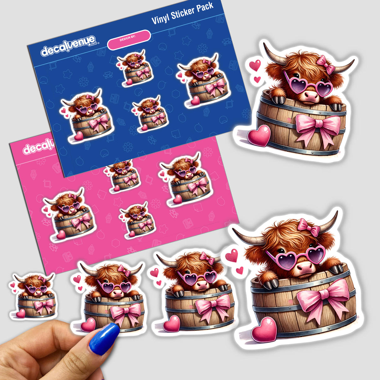 Highland Cow in Coquette Barrel sticker pack features cartoon cows in barrels with pink sunglasses, available as stickers or digital artwork from Decal Venue.