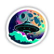 UFO In Front Of A Moon artwork depicts a cartoon spaceship hovering near a planet, offered as unique stickers or digital art from Decal Venue.