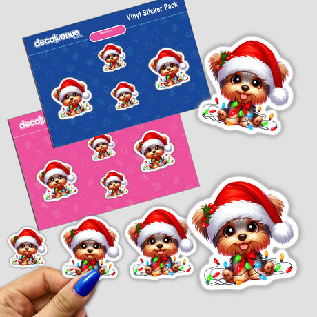 Christmas Santa Yorkie Dog in Lights sticker featuring a cartoon dog wearing a Santa hat adorned with Christmas lights, capturing a festive and playful holiday spirit.