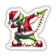 Dabbing w/Christmas Lights Green Grouch in Santa Outfit, a cartoon character holding Christmas lights, available as stickers or digital artwork, perfect for festive decoration from Decal Venue.