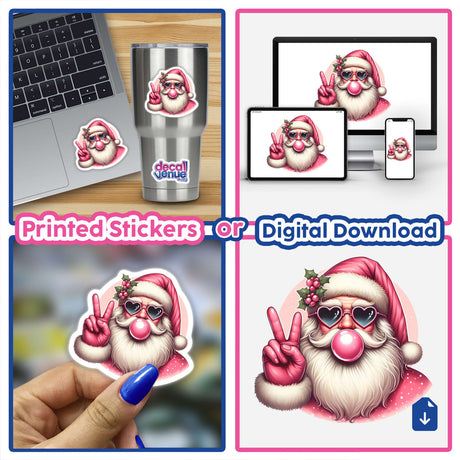 Collage featuring Retro Pink Christmas Santa Claus blowing bubble gum, available as stickers or digital artwork, alongside laptops and cartoon imagery, reflecting Decal Venue's unique sticker and digital art offerings.