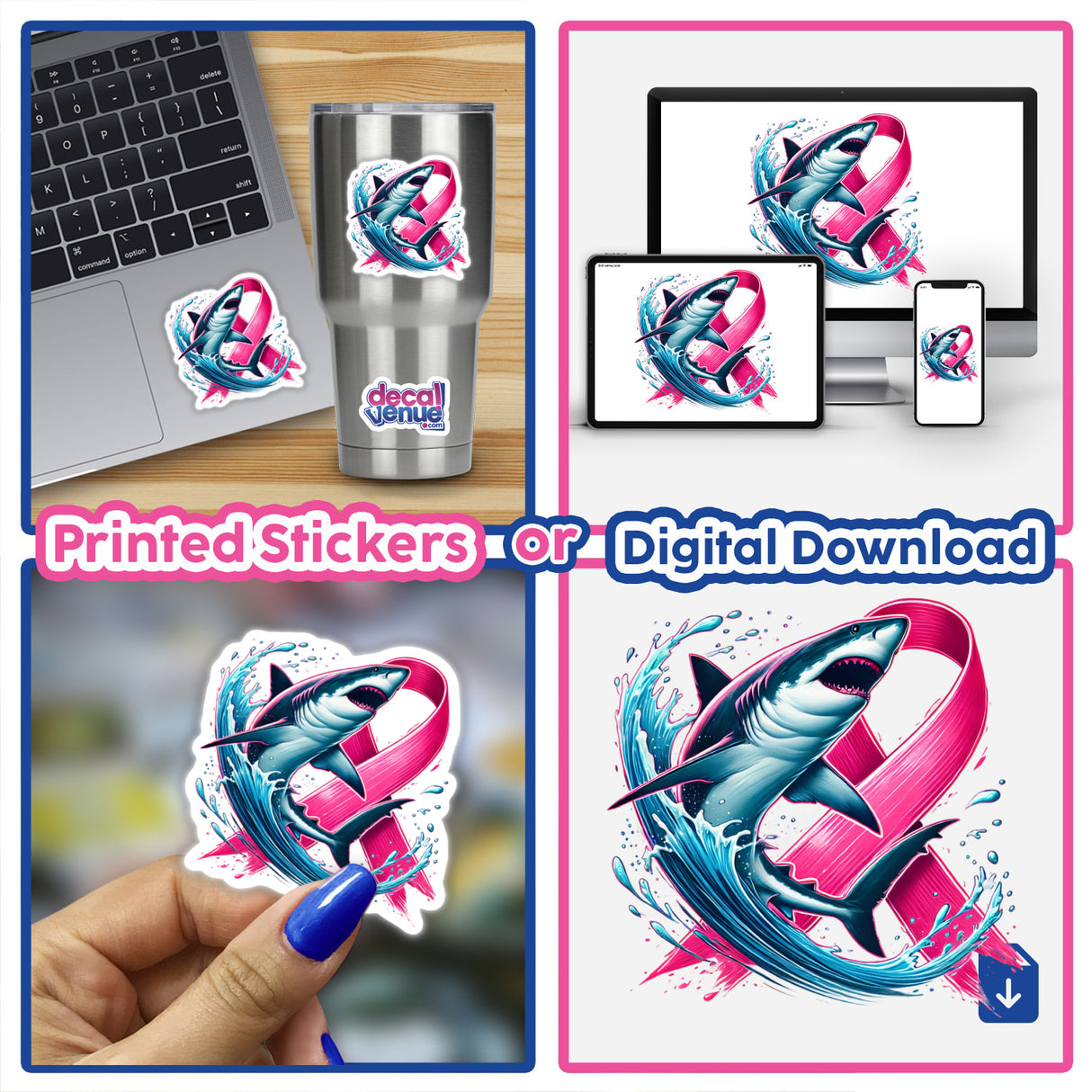 Shark Pink Ribbon Breast Cancer collage featuring a laptop, hand holding a sticker, and a shark with a pink ribbon. Available as stickers or digital artwork from Decal Venue.