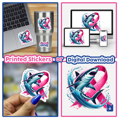 Shark Pink Ribbon Breast Cancer collage featuring a laptop, hand holding a sticker, and a shark with a pink ribbon. Available as stickers or digital artwork from Decal Venue.