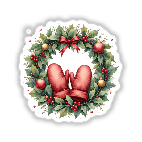 Pair of Mittens in a Christmas Wreath featuring holly leaves and ornaments, available as stickers or digital artwork, highlighting festive charm with intricate details.