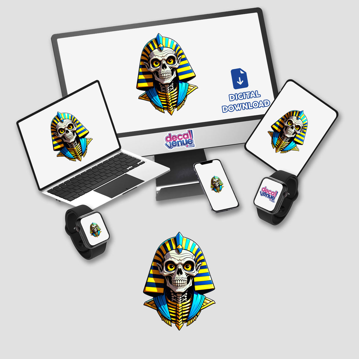 A Cool Egyptian Pharaoh Skull displayed on various devices, including a computer monitor and laptop, showcasing its availability as unique stickers or digital artwork from Decal Venue.