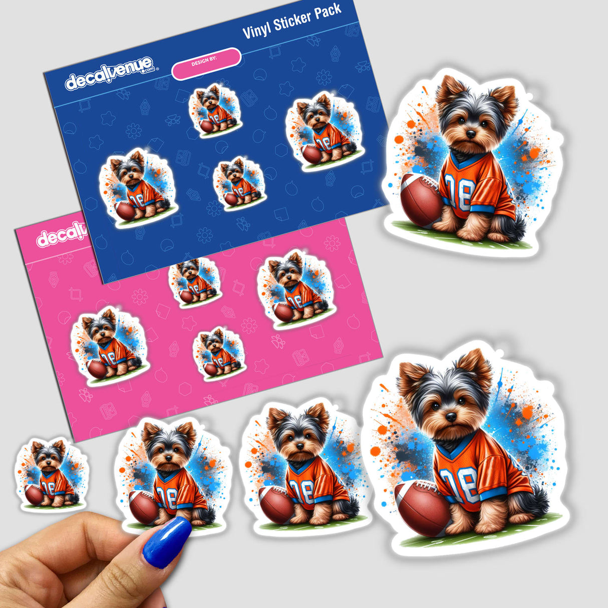 Yorkie Dog in Orange and Blue Football Jersey sticker pack featuring adorable Yorkie illustrations playing football. Available as stickers or digital artwork.