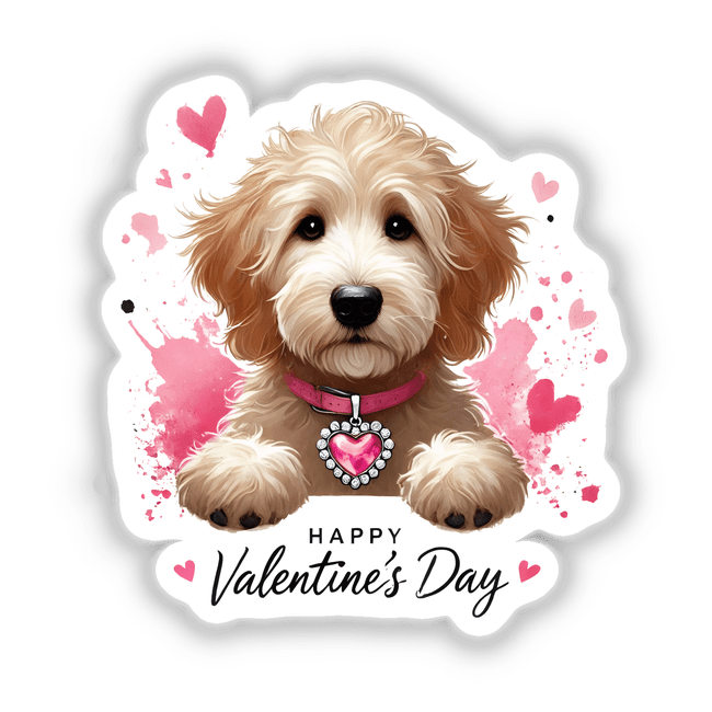 Cute Goldendoodle Valentine Dog wearing a pink collar and heart necklace, featured as stickers or digital artwork. Perfect for pet lovers from Decal Venue's unique collection.