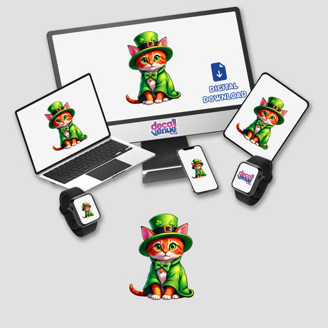 St. Patrick's Day Kitten displayed on a computer monitor and laptop, featuring a cartoon cat wearing a green hat and jacket. Available as stickers or digital artwork.