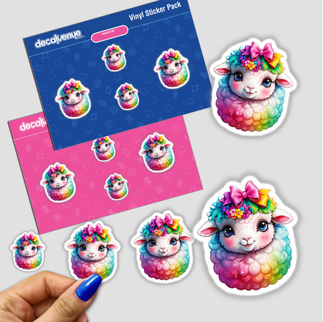 Adorable Fluffy Sheep with Pink Bow: Rainbow Colors Sticker pack shown in a hand, featuring various cute cartoon sheep with bows and flowers in different colorful designs.