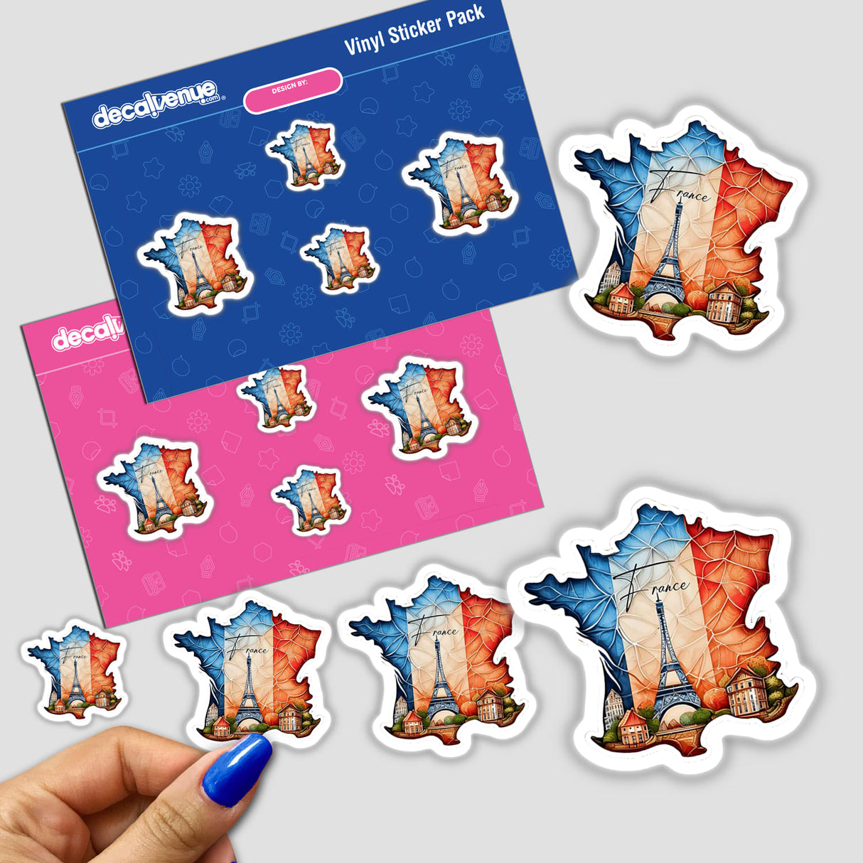 Vibrant France-themed digital artwork stickers featuring iconic landmarks like the Eiffel Tower displayed on a sticker pack background from the Decal Venue online store.