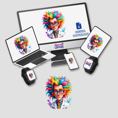 Mad Scientist: Eccentric Genius with Wild Rainbow Hair displayed on a computer monitor and laptop, showcasing vibrant digital artwork available as stickers or digital downloads.