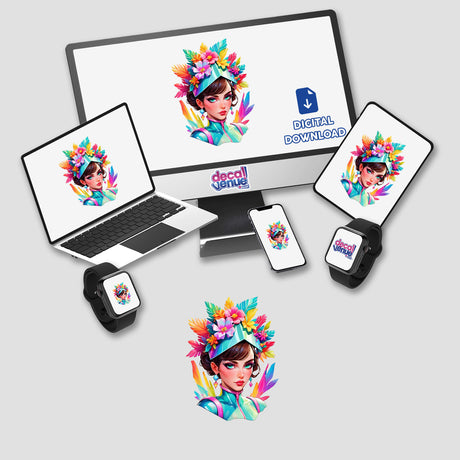 Vibrant Pop Art Sticker - Futuristic Female Portrait with Floral Headpiece displayed on a computer monitor and laptop screen, showcasing digital artwork as stickers or digital art.