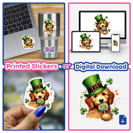 Stickers featuring a Goldendoodle dog wearing a hat and enjoying a lollipop, titled St Patricks Goldendoodle Dog Eating Lollipop, displayed on a laptop, offered by Decal Venue.