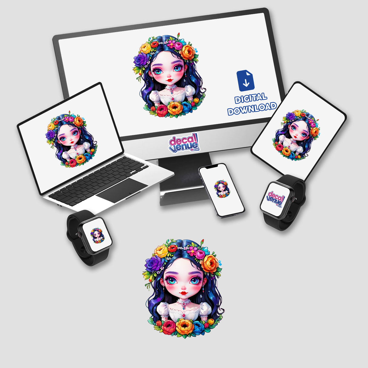 Computer monitor and laptop displaying Kawaii Rainbow Goth Bride cartoon characters, available as stickers or digital artwork.