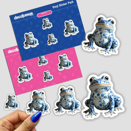 Chinoiserie Frog sticker pack featuring blue and white cartoon frogs in various playful poses, available as unique decals or digital artwork from Decal Venue.