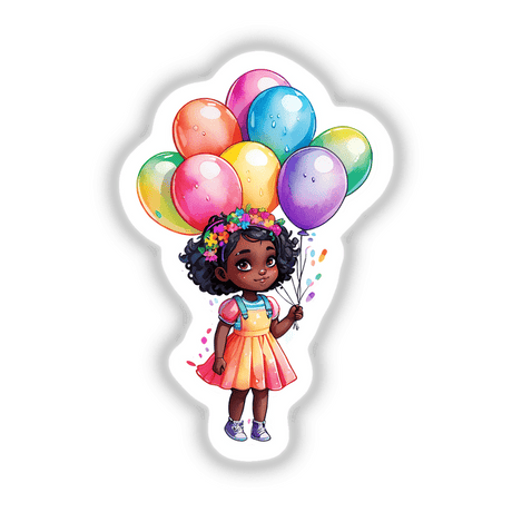 Birthday Bliss: Cute Girl with Bunch of Balloons Sticker depicts a whimsical cartoon girl joyfully holding colorful balloons, perfect for adding a festive touch to any surface or digital project.