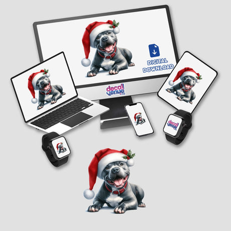 Happy Christmas Santa Pitbull Dog artwork displayed on a monitor and laptop, featuring a pitbull wearing a Santa hat. Available as stickers or digital artwork.