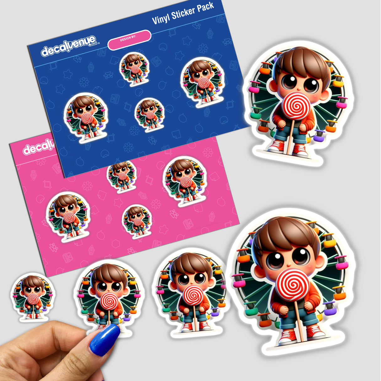 Happy kid sticker pack featuring various cartoon characters, including ones holding lollipops, available as physical stickers or digital artwork.