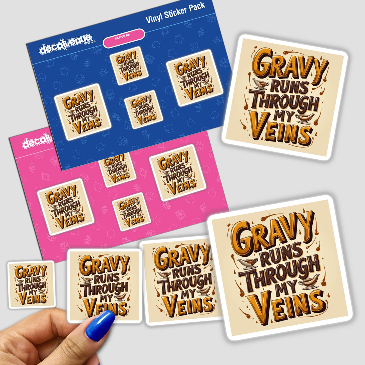 Gravy Runs Through My Veins Thanksgiving Sticker or Clipart, featuring a hand holding the sticker pack with visible text elements, available with commercial rights for unique digital art and sticker designs.