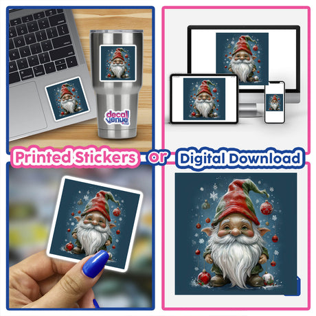 Holiday Gnome Envelope Seal Stickers featuring charming gnome illustrations with red hats and beards, perfect for festive decorations on cards and gifts. Includes digital artwork options.