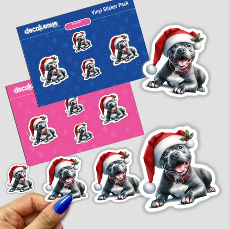 Happy Christmas Santa Pitbull Dog sticker shows a cartoon pitbull wearing a Santa hat, held by a hand, available as a sticker or digital artwork from Decal Venue.