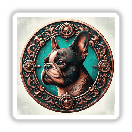 Detailed Boston Terrier Medallion - Decorative digital artwork featuring a close-up of a Boston Terrier's face inside an ornate, round frame with intricate designs.