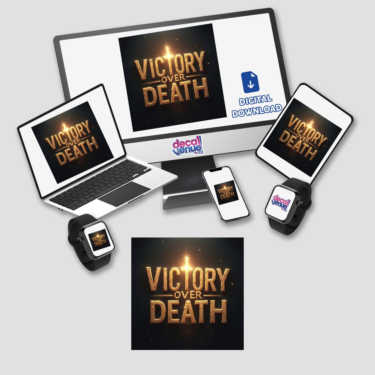 Victory Over Death - Christian Easter Sticker or Clipart featuring gold text on screens, ideal for digital artwork or as a sticker with commercial rights.