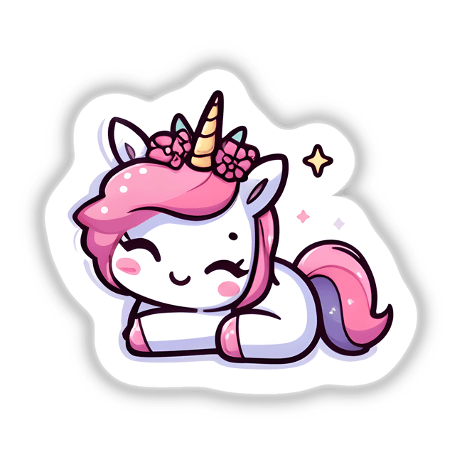 Cute pink unicorn sticker with sparkling details and a floral crown, featuring a whimsical and enchanting design.