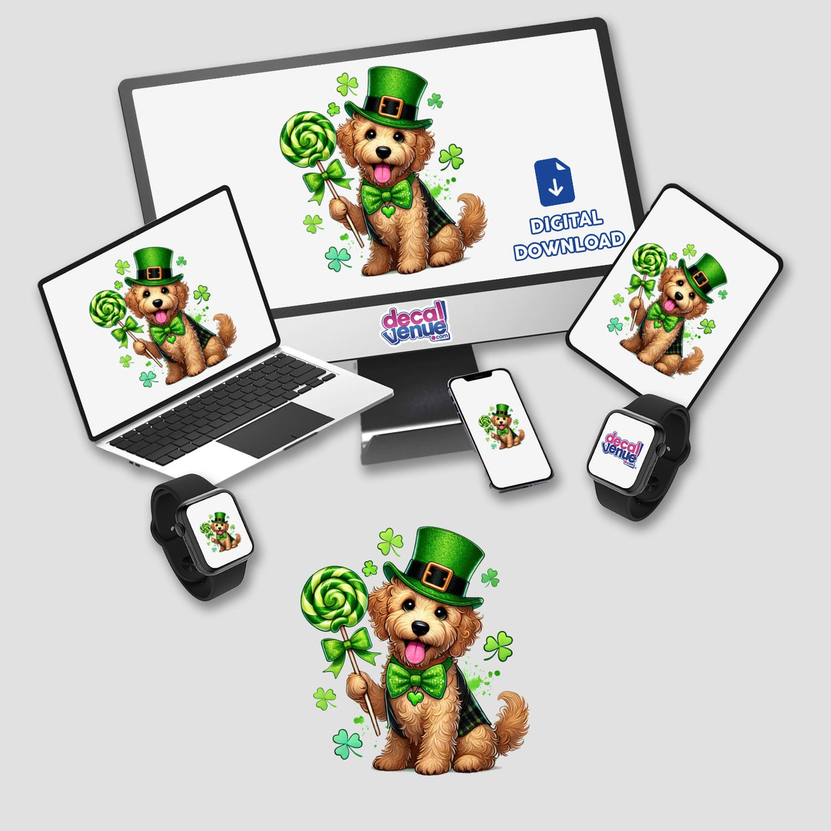 Irish Leprechaun Goldendoodle with Lollipop displayed on a computer monitor and laptop, showcasing a whimsical dog illustration available as stickers or digital artwork from Decal Venue.