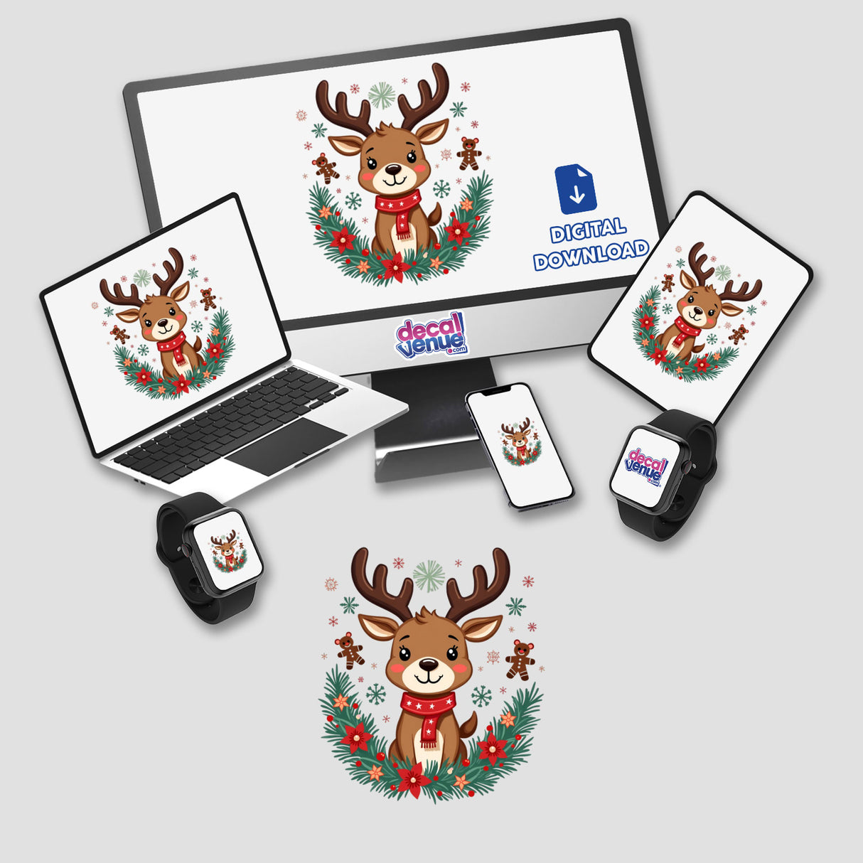 Adorable Reindeer Cartoon Festive Christmas digital artwork displayed on a computer monitor, laptop, and smartwatch, featuring cute reindeer cartoons perfect for stickers or digital use.