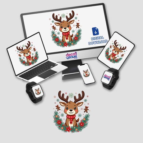 Adorable Reindeer Cartoon Festive Christmas digital artwork displayed on a computer monitor, laptop, and smartwatch, featuring cute reindeer cartoons perfect for stickers or digital use.