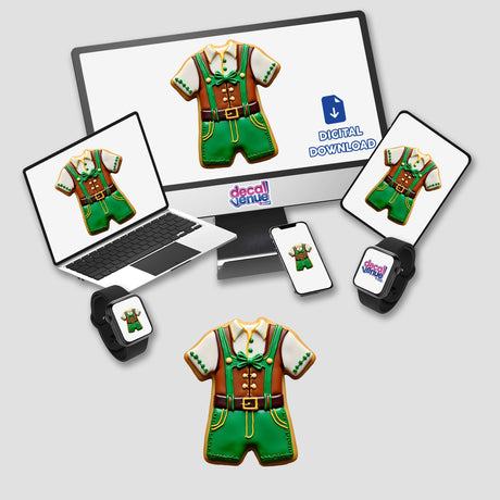 Lederhosen Shaped Cookie with Green and Brown Icing for Oktoberfest, displayed on a laptop screen beside a phone and smartwatch, available as stickers or digital artwork.