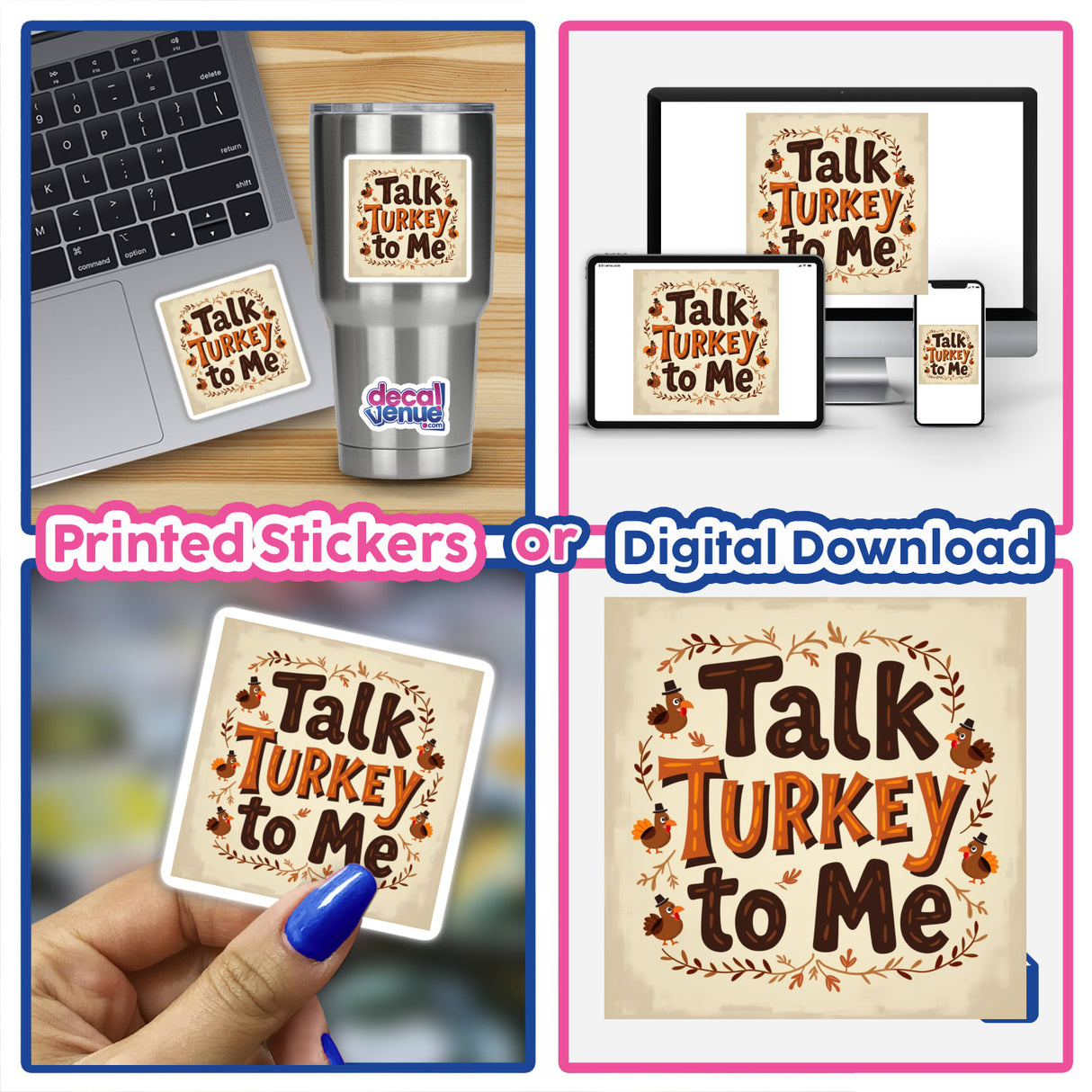 Collage featuring 'Talk Turkey to Me' Funny Thanksgiving Sticker or Clipart, showcasing a laptop and phone adorned with digital artwork available from Decal Venue.