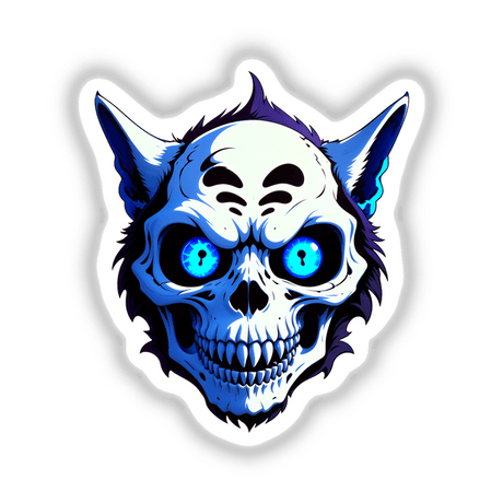 Cartoon of a cool undead cat skull with striking blue eyes, available as stickers or digital artwork from Decal Venue, known for unique designs.