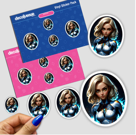 Sticker pack featuring a cute anime superhero girl, depicted in various cartoon styles. Available as stickers or digital artwork, emphasizing unique designs from Decal Venue.