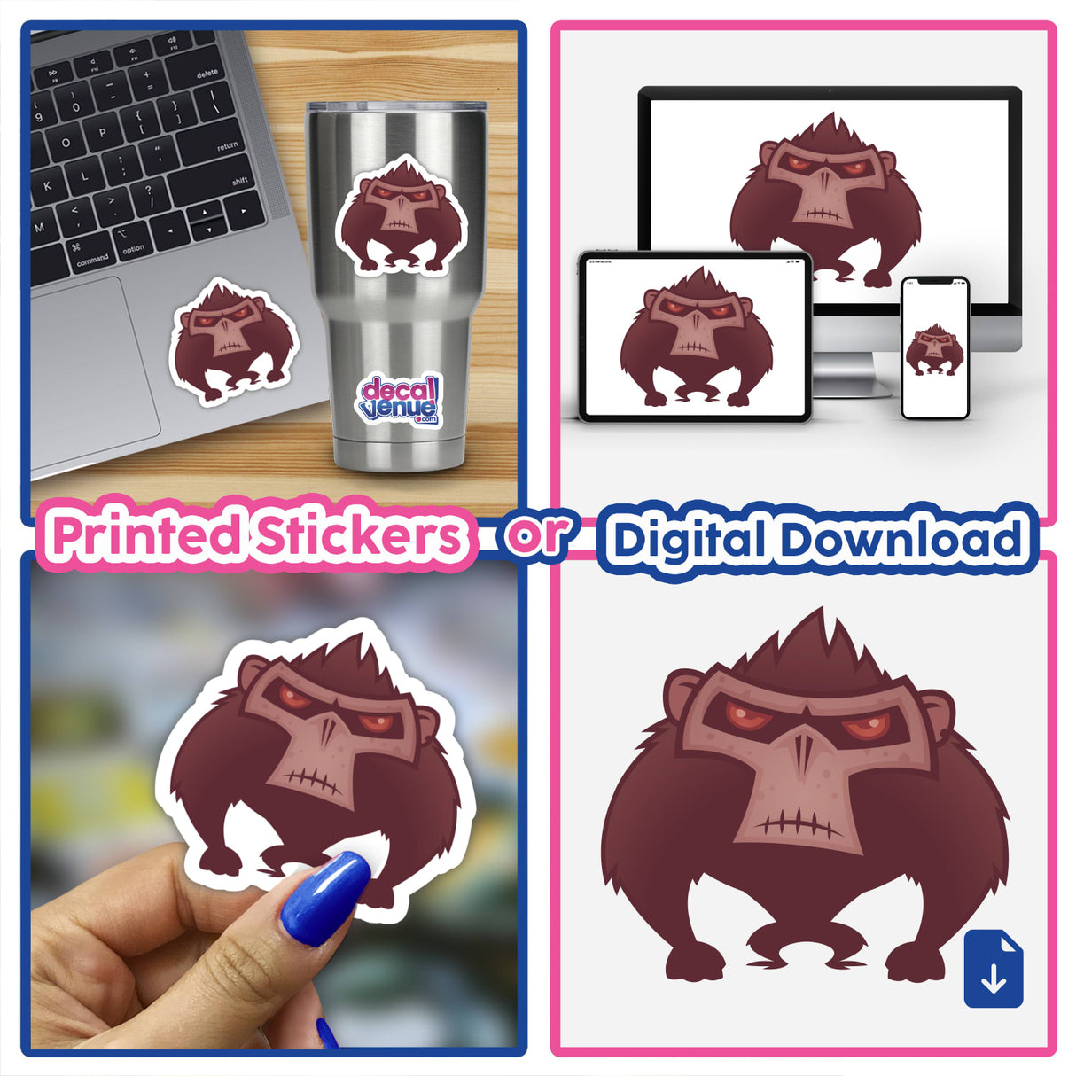 Collage of Angry Ape stickers featuring a cartoon monkey, shown on a cup, laptop, and being held, available as a single or in a sticker pack from Decal Venue.